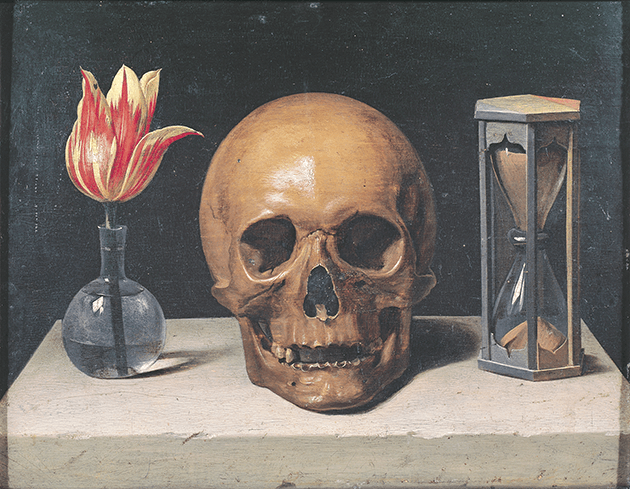 Philippe de Champaigne, Vanitas Still Life with a Tulip, Skull and Hour-glass, 1800s, Musée de Tesse, Le Mans, Image: Bridgeman Images